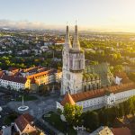 Aerial view of the Cathedral in Zagreb at sunrise. Croatia