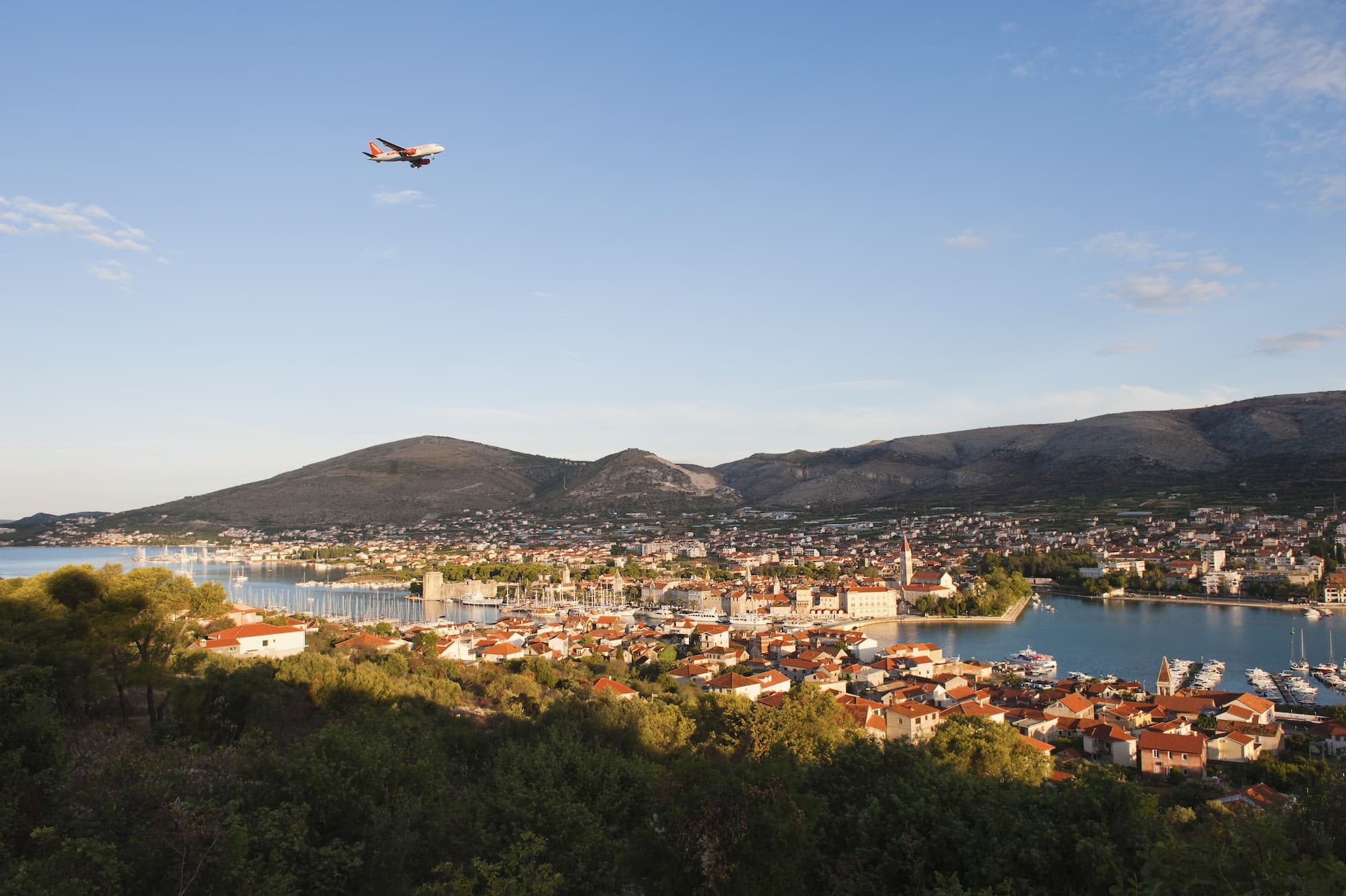 Flying in on an Easyjet flight to Trogir, arriving at sunrise, Dalmatian Coast, Croatia, Europe