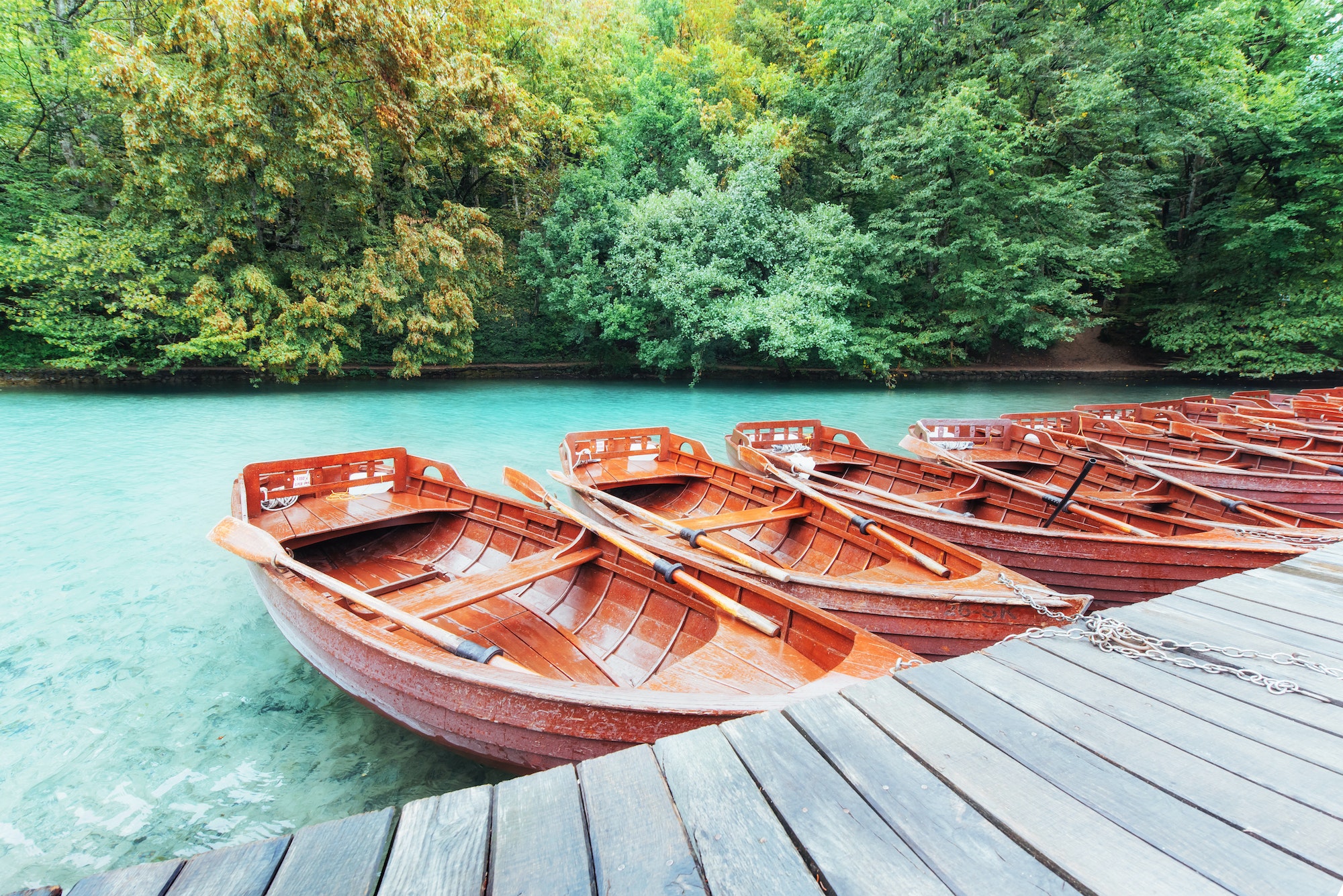 Wooden Boats on Plitvice Lakes in Croatia